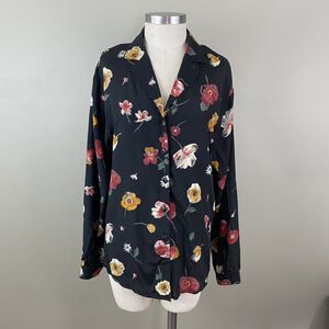 Vtg 90s Womens Rayon Blouse Top Black M L Long Sleeve Floral Cottagecore